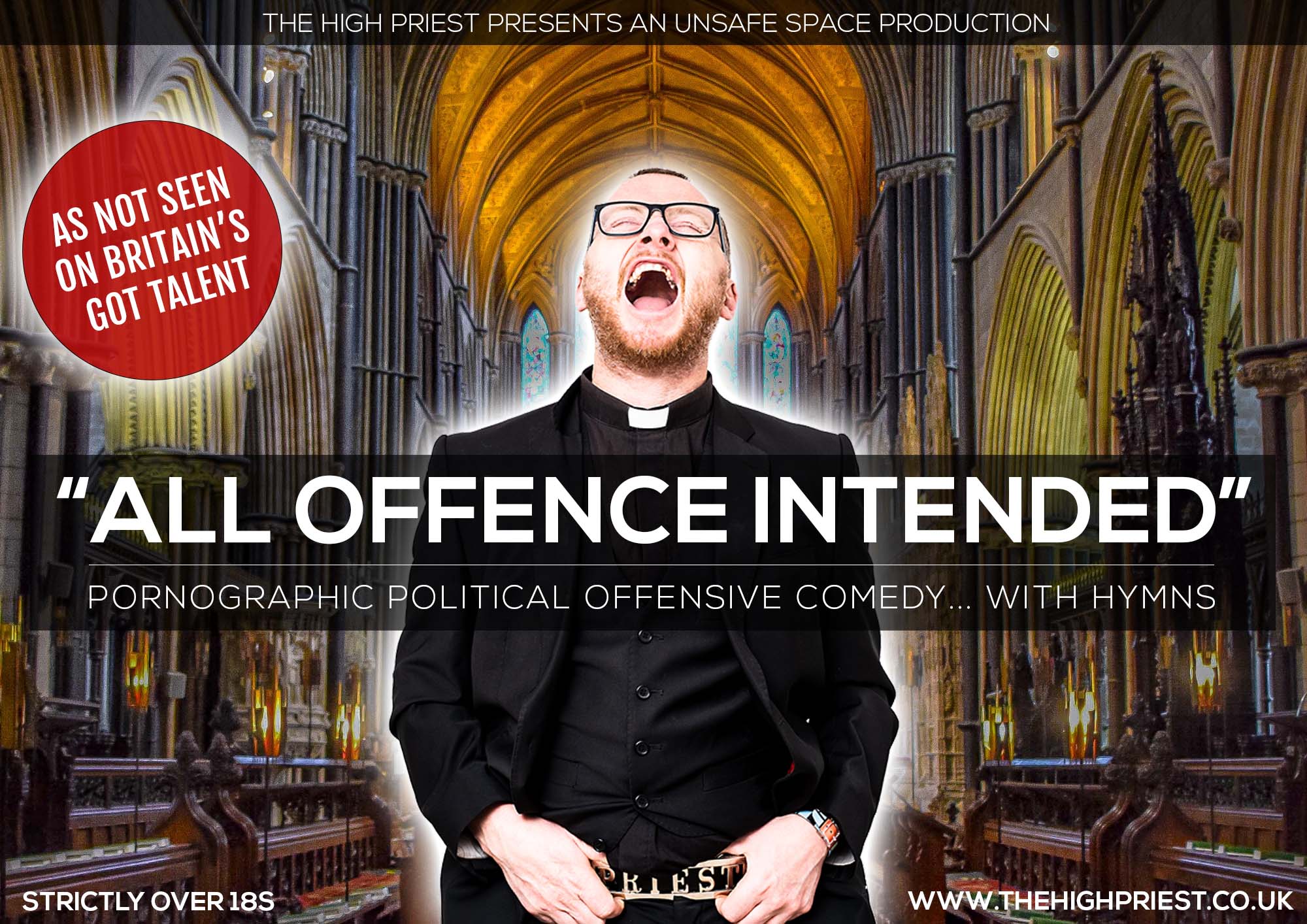Poster of the High Priest show 'Pornographic Political Offensive Comedy... Hymns